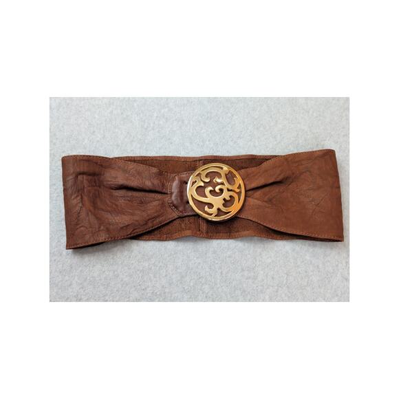 B- Low The Belt Brown Genuine Leather XS Wide Waist Belt Gold Buckle Medallion - Picture 4 of 13